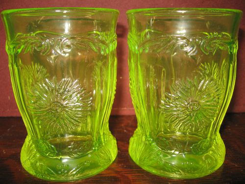 pair of Vaseline glass Dahlia dugan tumblers cups goblets uranium yellow flowers