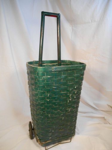 Rare antique farm market shopping grocery woven splint oak basket pull cart for sale