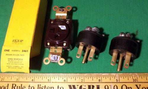 Hubbell 5461 Brown 20A 250VAC or DC 3-Wire Gndg Receptacle w/ 2 Matching Plugs!