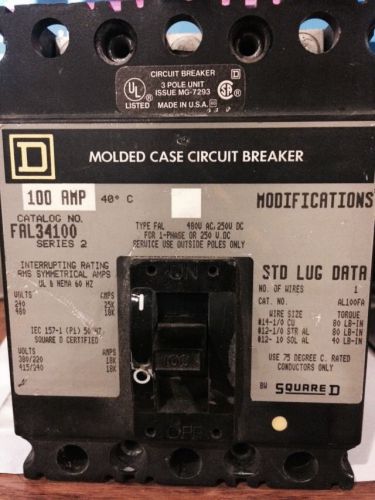 Square d fal34100 480v 3 pole 100 amp breaker for sale