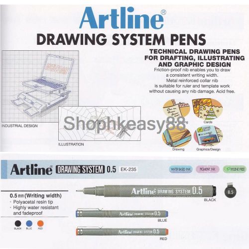 12x Artline EK-235 Technical Drawing System Pens 0.5mm Choose Color Free Ship