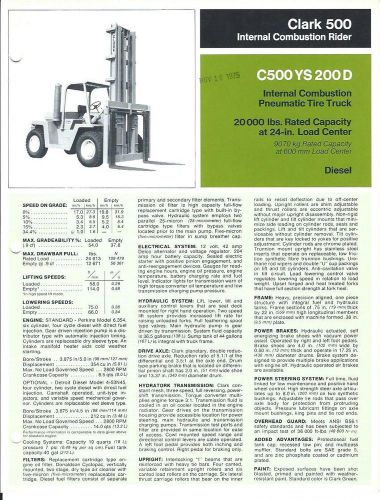 Fork lift truck brochure - clark - c500 ys 200 d - 20,000 lbs - c1975 (lt150) for sale