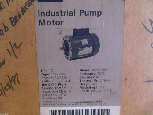 New dayton electric 1/2 hp industrial pump motor nema frame 56c 3450 rpm 3n471n for sale