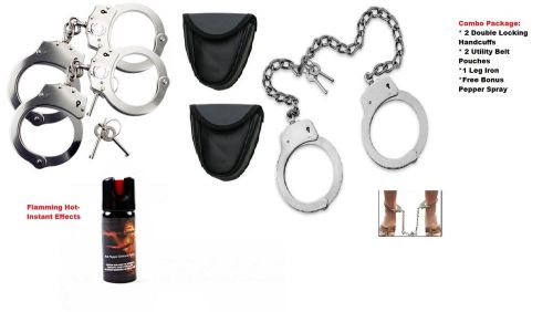 Police style double locking handcuffs and leg iron combo with free pepper spray for sale