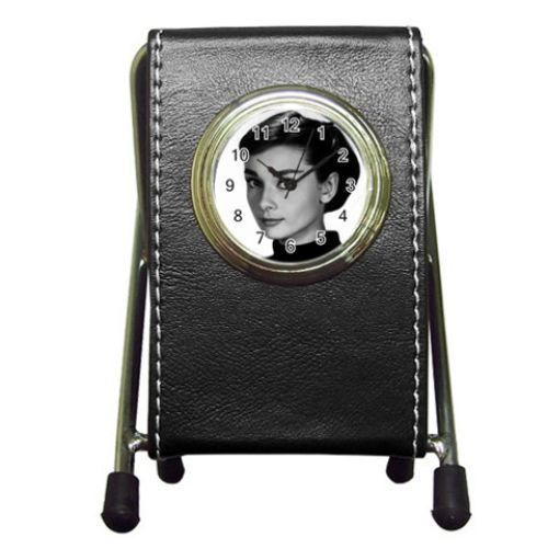 Audrey Hepburn Leather Pen Holder Desk Clock (2 in 1) Free Shipping