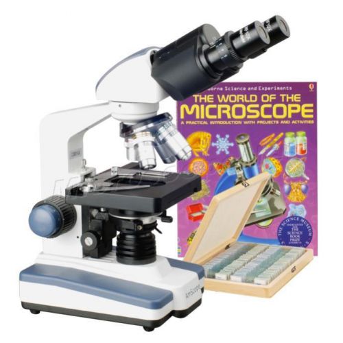 Compound Binocular LED Microscope 40X-2500X+100 Prepared Slides+Microscope Book