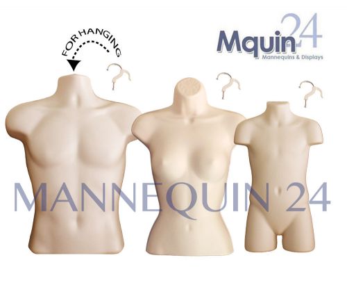 Set of 3 flesh body forms: male, female, child &amp; toddler mannequins + 4 hangers for sale