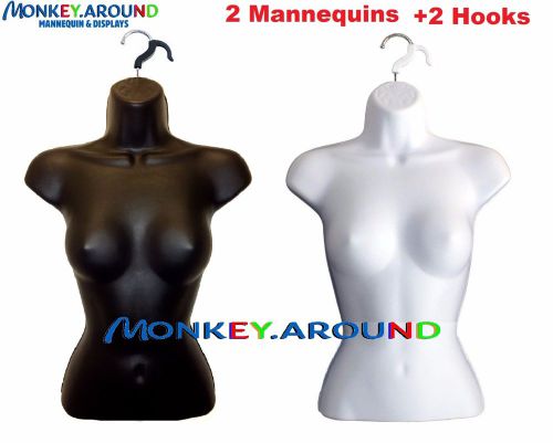 +2 Female Mannequin Black White Torso Forms + 2 Hook - Display Dress Shirt Pants