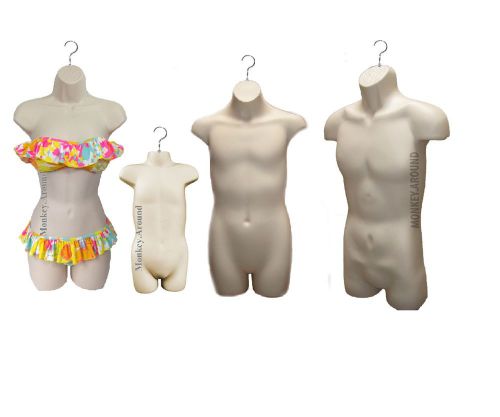 4 Mannequin,Male Female Child Teenager Flesh Dress Torso Form Display-4 Hangers