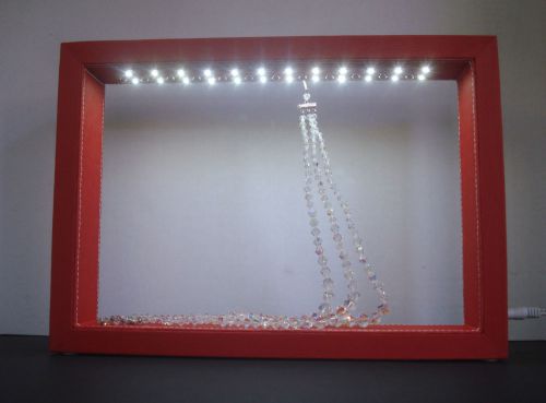 LED Lit Lighted Illuminated Jewelry Bracelet Display Case RED Frame Shadow Box