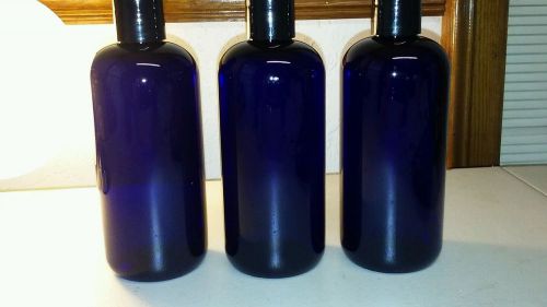 Lot (3) 16oz cobalt blue boston round plastic bottles with black push disc top