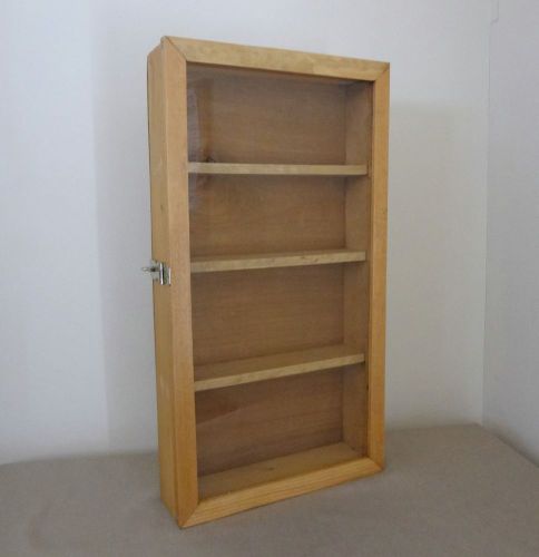 Hand-crafted vertical hanging 4 shelf showcase with glass front and hasp for sale