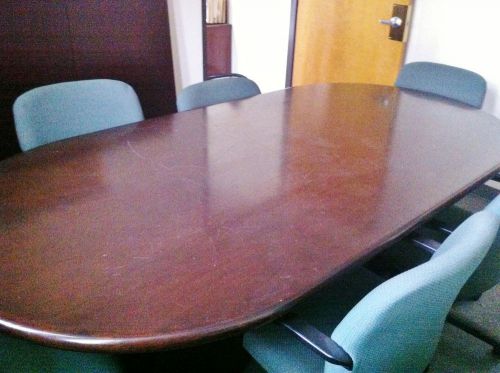 MAHOGANY CONFERENCE TABLE, 8&#039; w/ 6 ADJ. COVERED CHAIRS, CREDENZA  &amp; MEDIA CENTER