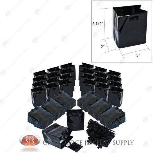 100 Solid Glossy Black Finish Paper Tote Gift Merchandise Bags 3&#034; x 2&#034; x 3 1/2&#034;H