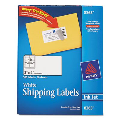 Shipping Labels w/Ultrahold Ad &amp; TrueBlock, Inkjet, 2 x 4, White, 500/Box 8363