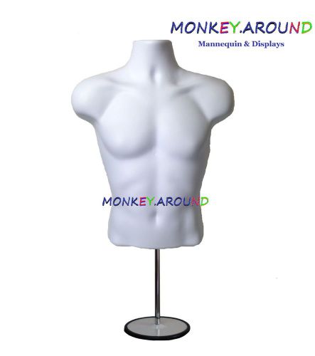 1 Male Mannequin White Body Form Display Clothing w/hook hanger + w/ Metal Stand