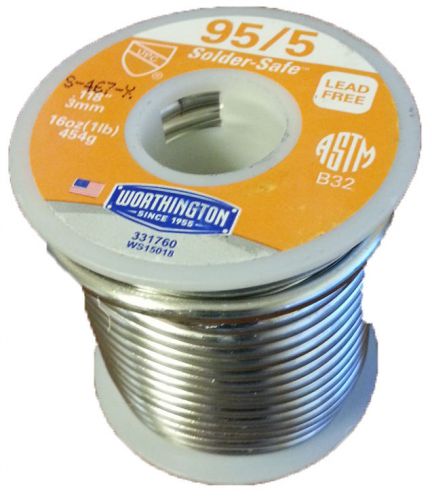 Worthington solder-safe solder .118inch 3mm dia. lead free 95/5 331760 1lb -new- for sale