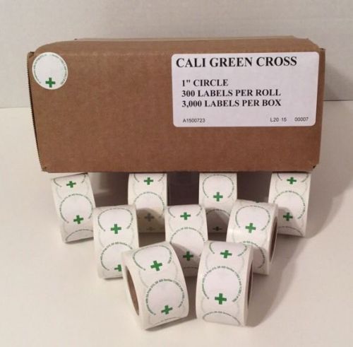 BOX 10 CALI GREEN CROSS 1&#034; Circle LABELS 300 Per Roll California 420 USA