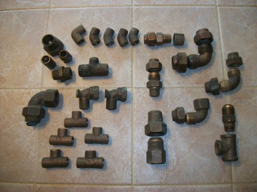 Vintage Lot 34 Used Brass or Copper Assorted Hardware Fittings Plumbing