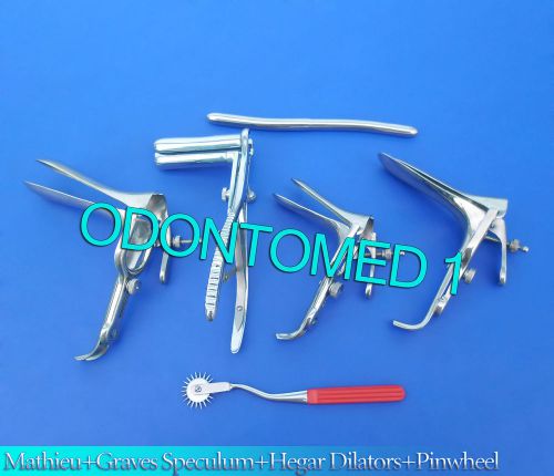 Mathieu Speculum + Hegar Dilator + Red Pinwheel &amp; 3 Graves Vaginal Speculum