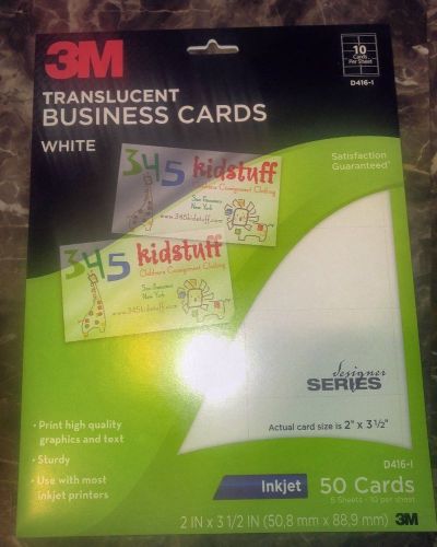3M Inkjet Translucent Business Cards, 2 x 3 1/2, White, 50/PK