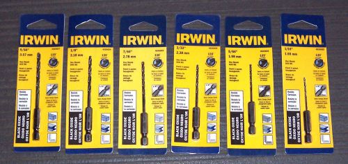 6 ea. Assorted Irwin Black Oxide Drill Bits with 1/4&#034; Quick Change Hex Shank
