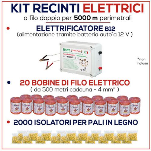 Electric fence complete kit for 5000 mt - energizer b/12 + wire + insulators for sale
