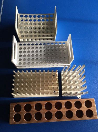 Lot Of 5 Variety Test Tube Rack. 72-places,40-Wells. 16 Places Wood Rack &amp; MORE