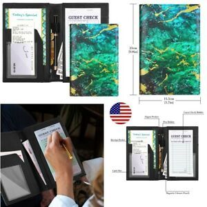 Restaurant Server Book Organizer for Waitress Waiter Zipper Pocket Marble Green