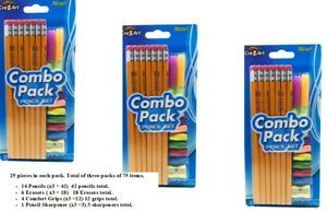Cra-Z-Art 3 Sets Combo Packs 3x25 (14xPencils 6xErasers 4xGrips 1xSharpener) New