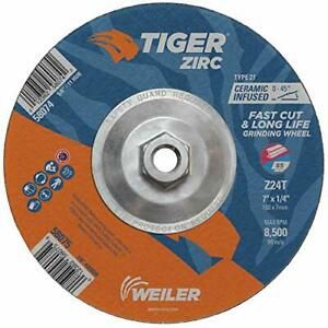 Weiler 58074 7&#034; x 1/4&#034; Tiger Zirc Type 27 Grinding Wheel Z24T 5/8&#034;-11&#034; UNC Nu...