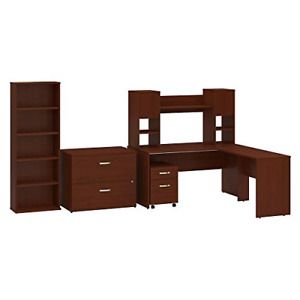 Bush Furniture Commerce 60W L Shaped Desk with Hutch, File Cabinets and Bookcase