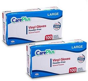 [200 Count] Care Plus Disposable Plastic Vinyl Clear Large Gloves, Allergy, Late