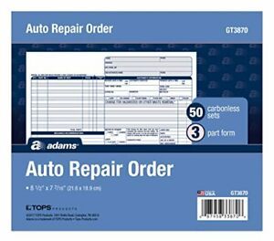 Adams Auto Repair Order Forms 8.5 x 7.44 Inch 3-Part Carbonless 50-Pack White...