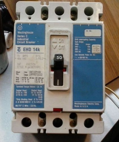 Westinghouse 50amp 3p ehd3050 breaker with shunt used for sale