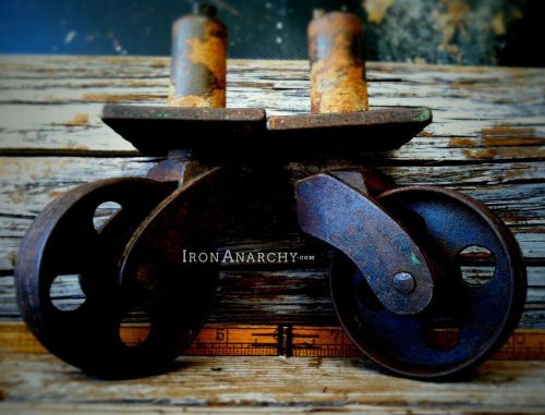 Vtg industrial casters, antique iron lineberry factory cart coffee table wheels for sale