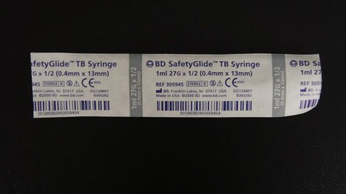 BD 305945 SafetyGlide TB Syringe 1ml 27G x  1/2 ”  ~ Lot of 100