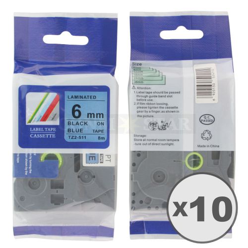10pk Black on Blue Tape Label Compatible for Brother P-Touch TZ TZe 511 6mm 1/4&#034;