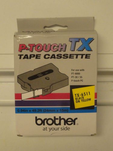 2 Brother P-Touch TX-6511 Black on Yellow cassettes 1&#034; x 50&#039; NEW - FREE ship!