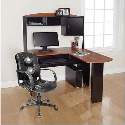 Corner l shaped office desk with hutch, black and cherry for sale