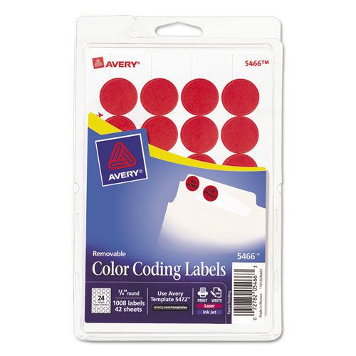 Print or Write Removable Color-Coding Labels, 3/4in dia, Red, 1008/Pack