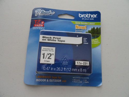 1 Brother P-Touch TZe-231 Black Print on White Tape - 1/2 Inch Width Genuine