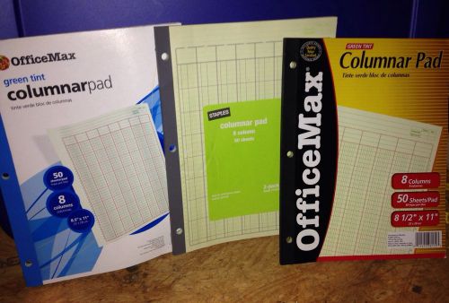 Columnar Pads~Lot Of 3~Office Max &amp; Staples~ 8 Columns~ 50 Sheets Per Pack