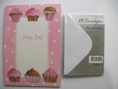 Writing Set Note Pad Paper And FREE White Envelopes Pink Cupcakes Stationery Set