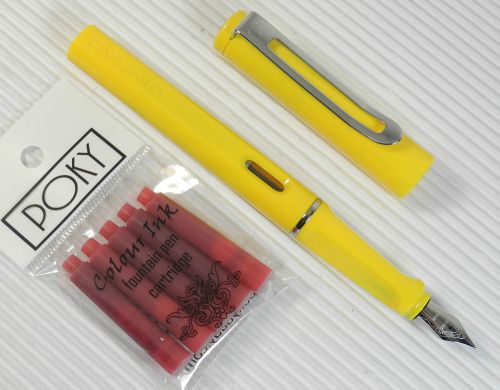 JINHAO 599B Fountain pen YELLOW plastic barrel + 5 POKY cartridges RED ink