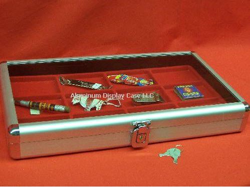 14 x 8 x 2&#034; aluminum display case w 12 sq red insert for sale