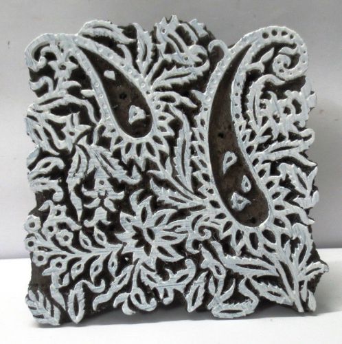 INDIAN HAND CARVED WOOD TEXTILE STAMP PRINTER WOOD BLOCK BOLD PAISLEY FLORAL