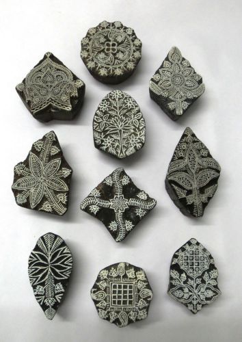 Set of 10 wooden hand carved textile printing fabric block stamp fine carving for sale