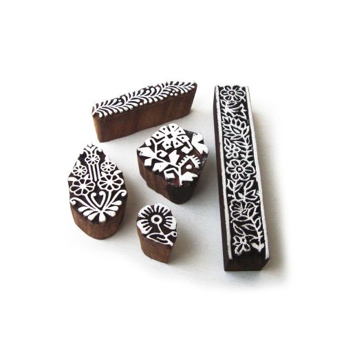 Mix hand carved floral designs wooden printing blocks (set of 5) for sale
