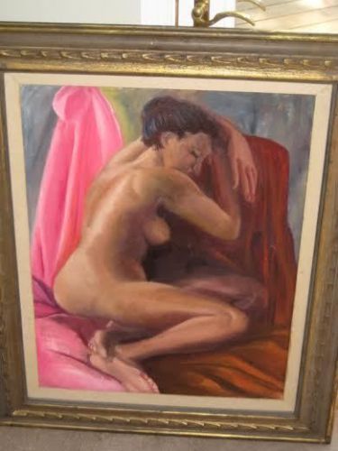 circa 1932  Gines Parra Oil on Canvas Girl on Pink Silk Sheets Painting 31 x 37